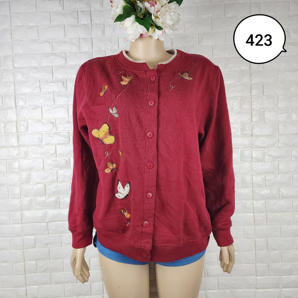 Brunswick Square XL Maroon Embroidered Button Cardigan – Cozy Knit Sweater